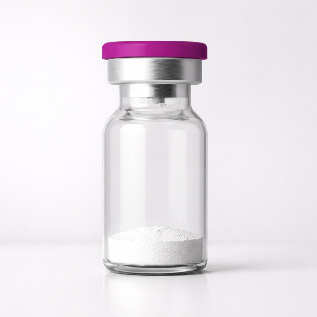 peptide vial with no label showing lyophilized powder